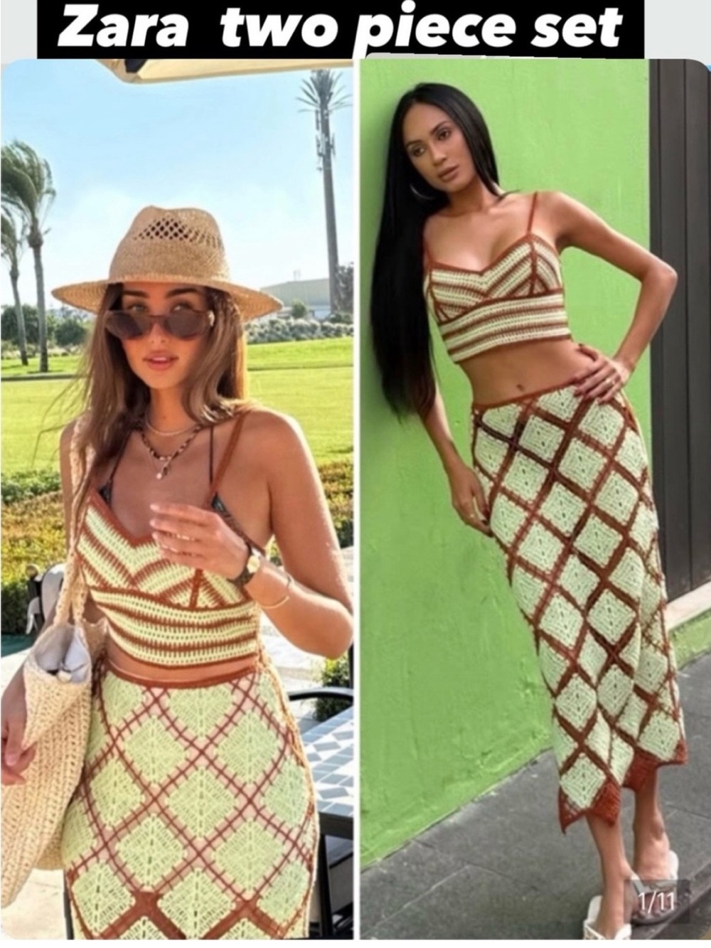 Elegant Green and Brown crocheted Checkered Skirt and top set